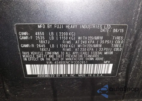 2015 Subaru Outback 3.6R Limited from USA, damaged, VIN 4S4BSENC1F3352851